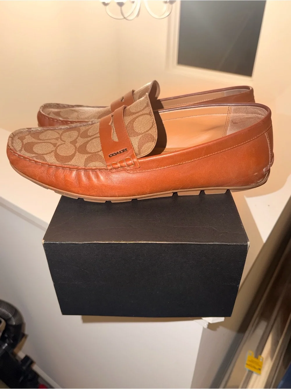 Coach Men's Brown Leather & Signature Canvas Slip-On Loafers